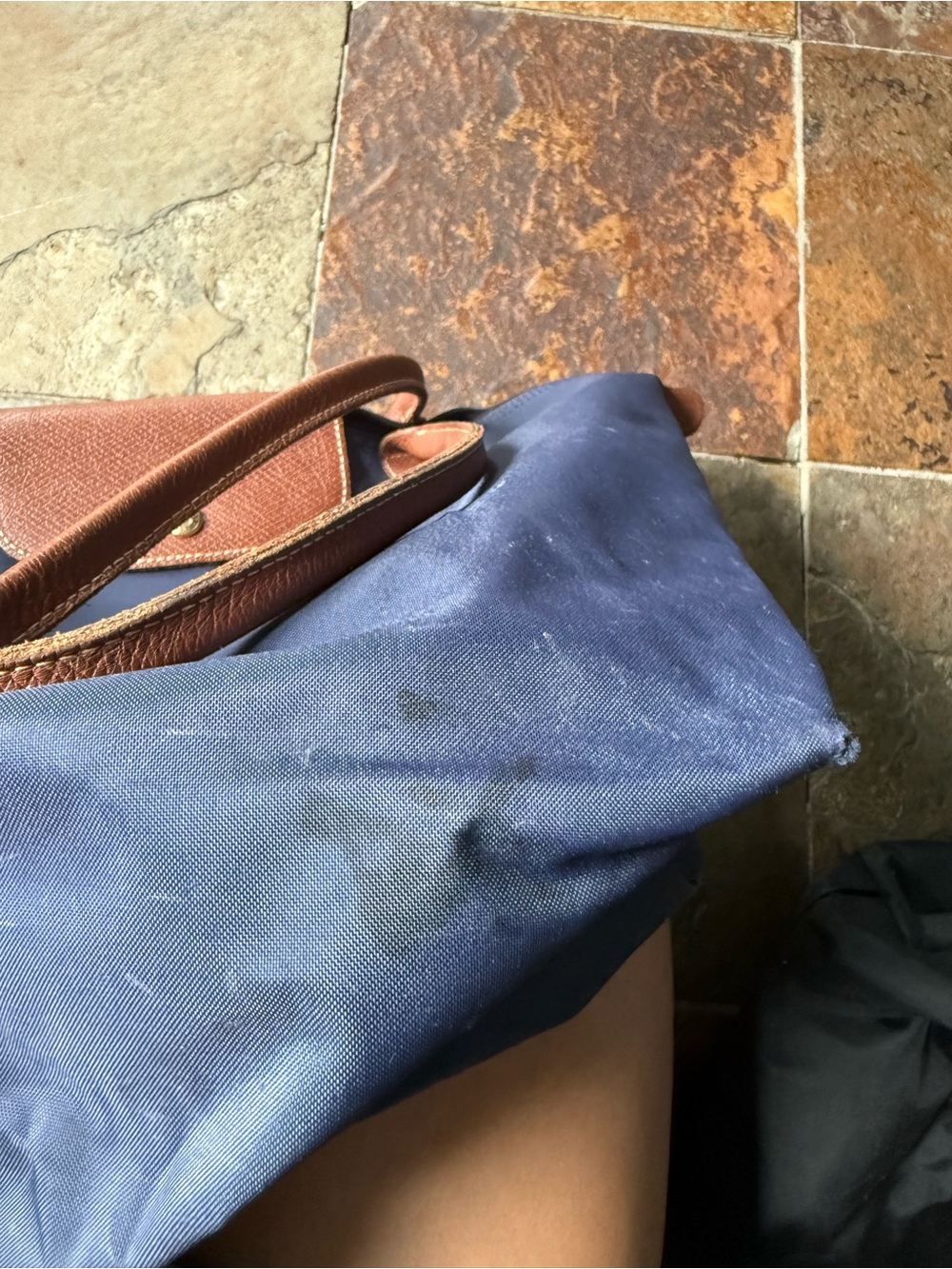 Longchamp Navy Tote with Brown Leather Trim - Picture 3 of 7